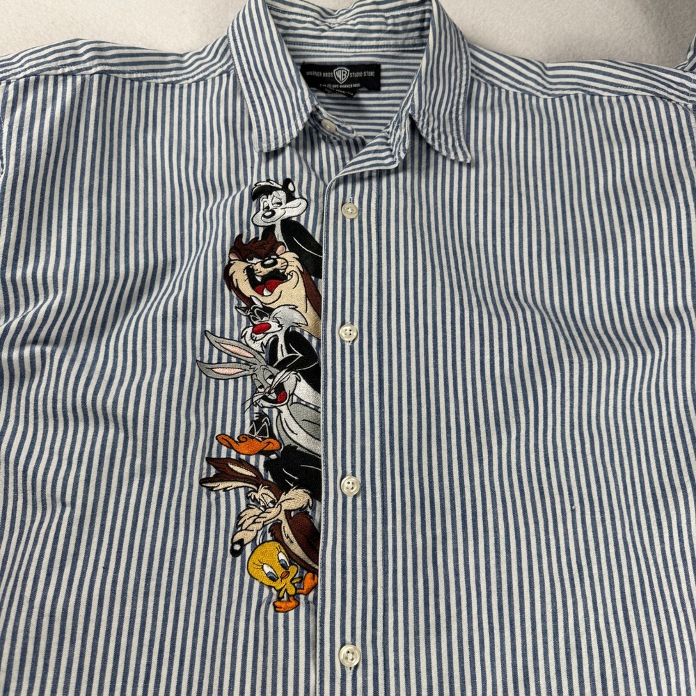 Vintage Warner Brothers 1995 Embroidered Looney Tunes Shirt Striped Blue Large - Picture 8 of 9